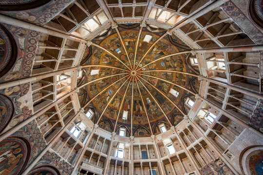 Parma, Italy - July 10, 2023: Interior of Parma Baptistery.