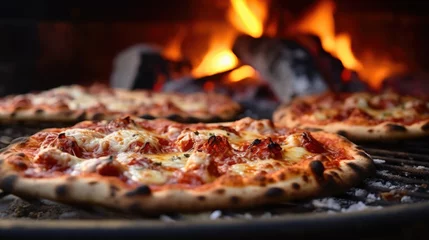 Foto op Plexiglas Fresh baked pizza closeup, traditional wood fired oven background © Vladyslav  Andrukhiv