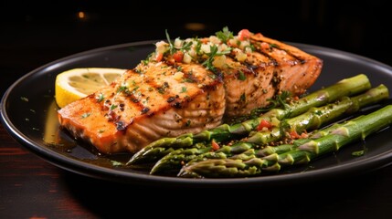 Grilled salmon fillet with asparagus on a plate