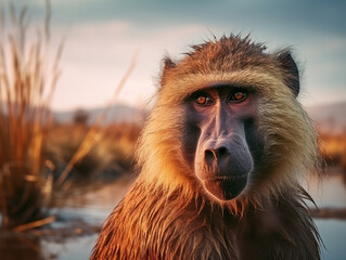 Baboon in its Natural Habitat, Wildlife Photography, Generative AI