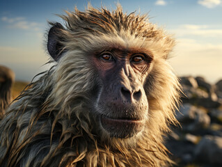 Baboon in its Natural Habitat, Wildlife Photography, Generative AI