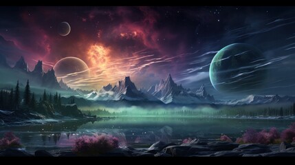 Fantasy alien planet. Mountain and lake with aurora, northern Lights,. 3D Illustration