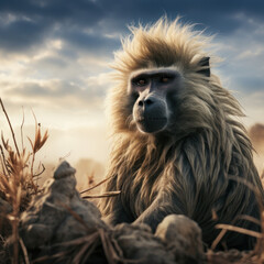 Baboon in its Natural Habitat, Wildlife Photography, Generative AI