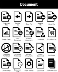 A set of 20 Document icons as download file, receive file, send file
