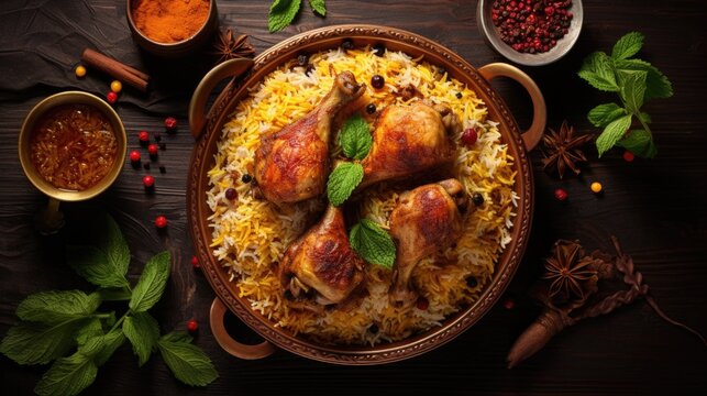 Chicken Kabsa Homemade Arabian biryani overhead view