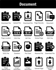 A set of 20 Document icons as download file, upload file, page security