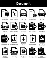 A set of 20 Document icons as document, page security, pdf file