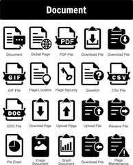 A set of 20 Document icons as document, global page, pdf file