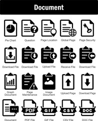 A set of 20 Document icons as pie chart, question, page location