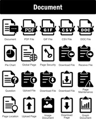 A set of 20 Document icons as document, pdf file, gif file