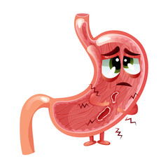 Stomach ulcers. Cute and sad stomach character with face and two ulcers. Anatomical vector illustration