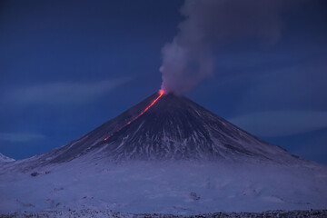 Volcano Klyuchevskaya Sopka erupting at night