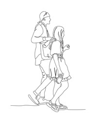 Young couple walking. Holding bottles with drinking water on hot summer day. Side view. Vector illustration in lineart style.