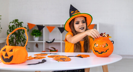 Fototapeta premium Halloween kids home holiday joy. Selective focus.