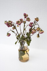 Bouquet of wilted roses in a glass jar.