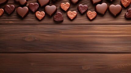 Chocolate Hearts on wooden background. Happy Valentine's Day