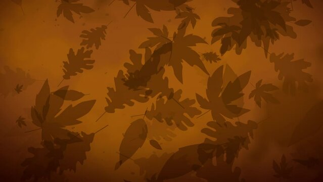 Decorative autumn brown background with silhouettes of oak and maple leaves. Falling foliage. Looped abstract animation. Copy space.