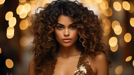 Fototapeta premium Woman in golden dress. Luxury and premium photography for advertising product design. New Year's Eve party. AI Generated 