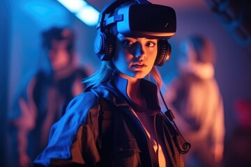 vr, gaming and woman with headset on in a cyber world for video game, futuristic or metaverse