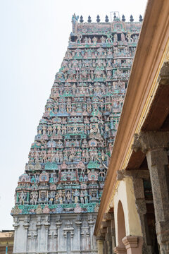 A scene of a very famous temple tower view of Adi Kumbeswarar Temple and one among travel destination, Kumbakonam,Tamil nadu, India