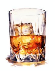 Glass of whiskey watercolor illustration - Generative AI.