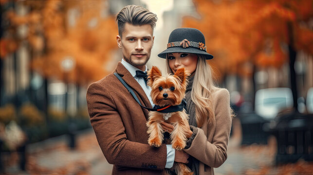 Portrait Of Beautiful Couple In Stylish Clothes With Dog In Her Arms Walking Around The City With Serious Face And Hugging A Pet.