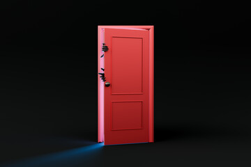 red door with diabolical hands peeking out