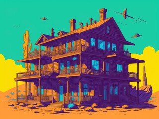 2D illustration. An old house in the desert. Generative AI
