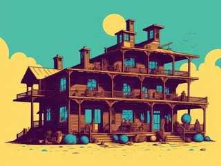 2D illustration. An old house in the desert. Generative AI