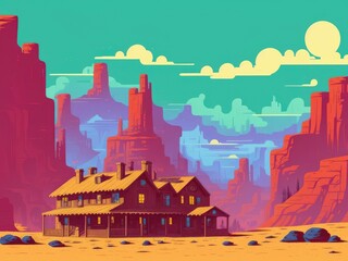 Fototapeta premium 2D illustration. An old house in the desert. Generative AI