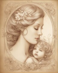 Mother and baby portrait illustrations