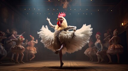 A quirky scene of a chicken, in a mini tutu, taking center stage in a ballet performance, with other farm animals as the amused audience, clapping with their hooves and wings - obrazy, fototapety, plakaty