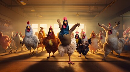 A comical scene of a chicken leading an aerobics class, with farm animals trying to follow the 'wing flaps and clucks' routine, resulting in a chaotic but fun workout session