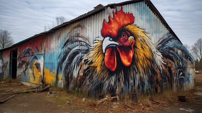 A chicken caught in the act, with paint smeared all over, while a barn wall in the background showcases a hilarious graffiti masterpiece of worm doodles