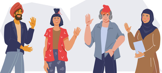 Obraz premium Multiracial characters group waving hands. Multiracial diversity and friendship concept.
