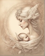 Mother and baby portrait illustrations