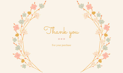 thank you card, greeting card with colorful vintage botanic and golden lines wreath flower. 