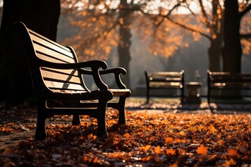 Bench in the park with fallen leaves on the ground at sunset. 