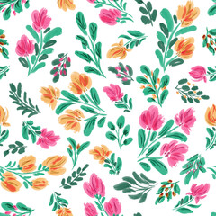 Seamless floral pattern with bright colorful flowers and leaves. Elegant template for fashion prints. Modern floral background. Fashionable folk style. Ethnic style. Ornament for clothes, accessories