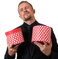 man hand holding a gift box in a gesture of giving.
