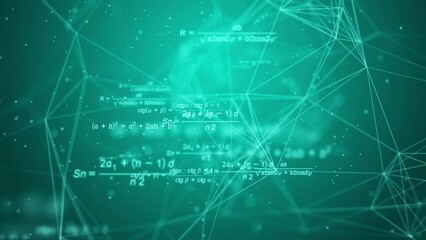 Mathematical formulas in space. Looped animation. Abstract green polygonal background with connecting dots and lines. Connection technology background. - Powered by Adobe