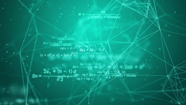 Mathematical formulas in space. Looped animation. Abstract green polygonal background with connecting dots and lines. Connection technology background.