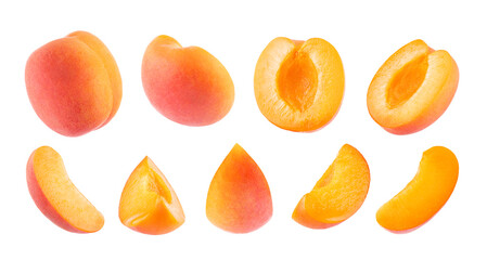 Ripe orange apricots with pink side - rich set isolated on white background, whole and cut on half, pieces, different sides, closeup, details. Summer fresh natural fruits as design elements.
