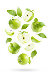 Juicy green apples, green leaves closeup levitation or fall on white background as art composition,...