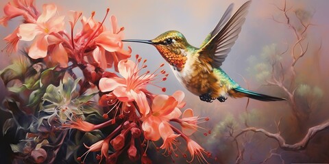 Fototapeta premium Rufous hummingbird eats crocosmia flowers, beautiful bird