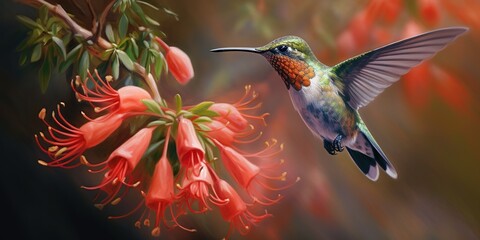 Fototapeta premium Rufous hummingbird eats crocosmia flowers, beautiful bird