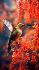 Obraz premium Rufous hummingbird eats crocosmia flowers, beautiful bird