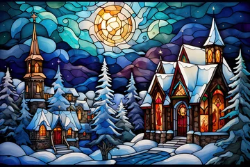 Stickers pour porte Coloré colorful stained glass art of a winter night scene, celebrating christmas in church