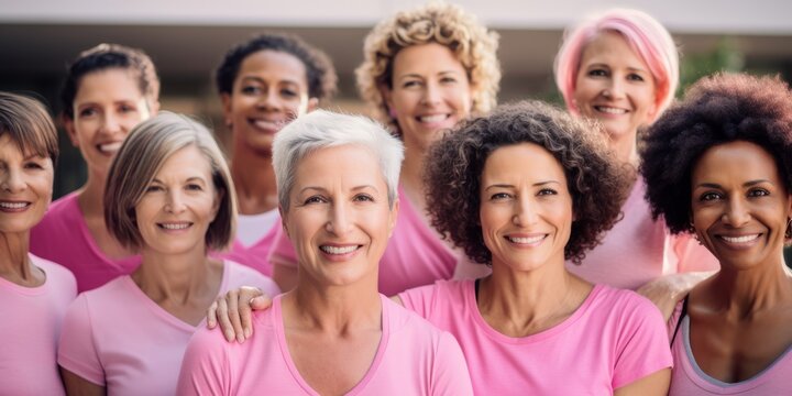 breast cancer survivors and supporters gathered together. Created with generative AI technology.