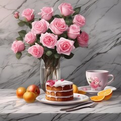A delicate illustration of a pie with roses.
